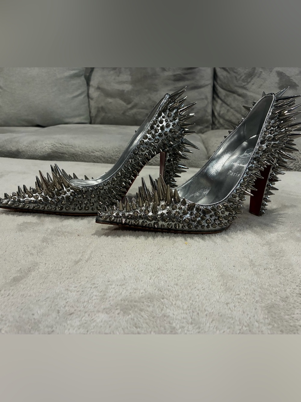 Christian Louboutin Metallic Silver Spiked Pointed-Toe Pumps